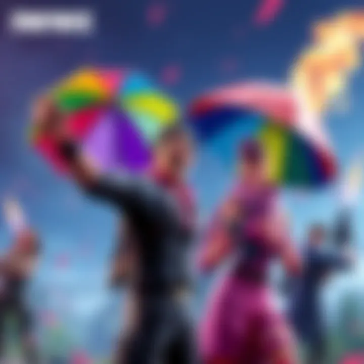 Jonesy Defeats Evie Jonesy celebrating after defeating Evie while Peely enters with a colorful victory umbrella