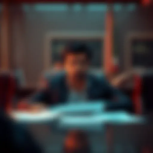 A man sitting in a briefing room looking remorseful while being discussed as a target. Papers and charts are visible on the table.