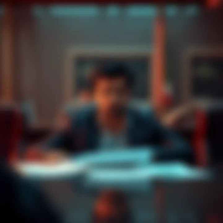 A man sitting in a briefing room looking remorseful while being discussed as a target. Papers and charts are visible on the table.