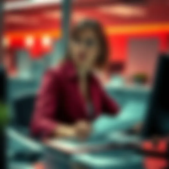 Jordan McEwen, the face model for Claire Redfield, working at a desk surrounded by policy documents and a computer in an office setting.