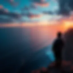 Jorge contemplating a decision Jorge stands on a cliff, looking out over the ocean, pondering dropping Noble 6 into the water.