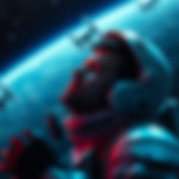 Jorge sacrifices himself in space, believing Dr. Halsey has died, with a starry background and his helmet on the side.