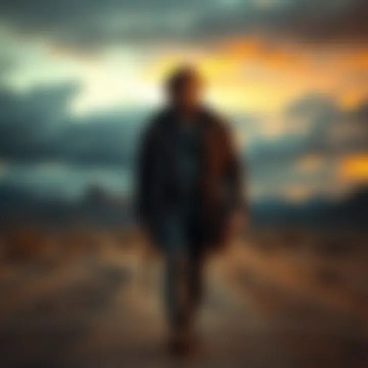 Joseph Seed standing in a desolate landscape, contemplating his fate with a somber expression, surrounded by dark skies and barren land.