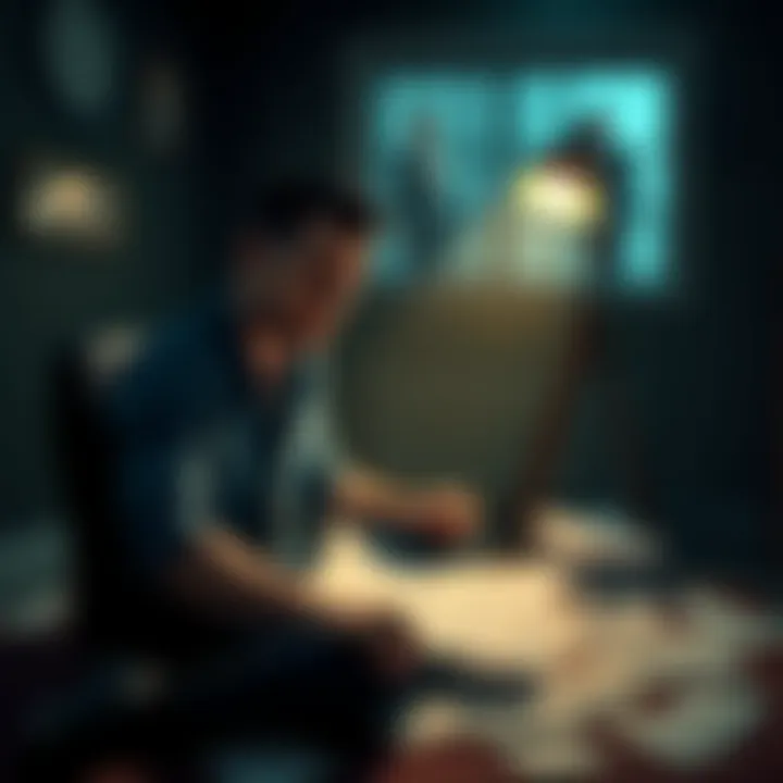 Josh sitting in a dim room, looking determined as he plans his revenge against Sam, Chris, and Ashley with papers scattered around him.