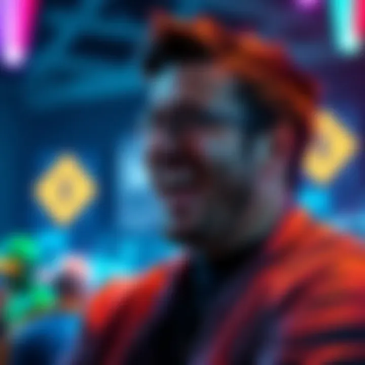 Joshua Davidson laughing while addressing critics during game credits, with colorful graphics in the background