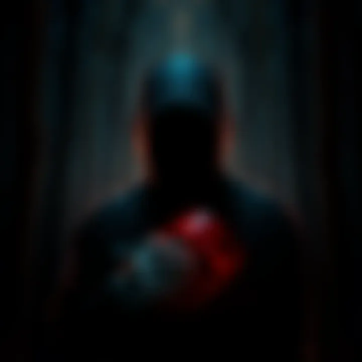 A dark figure resembling Joshua Washington, holding a mask, surrounded by a spooky forest setting.