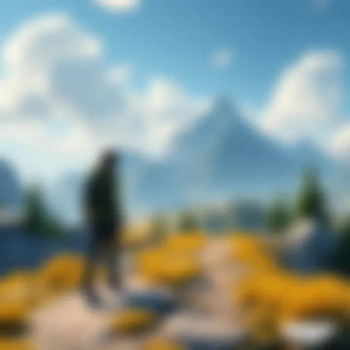 A character exploring a vast, open landscape with mountains and trees, showcasing a sense of adventure and exploration in a video game.