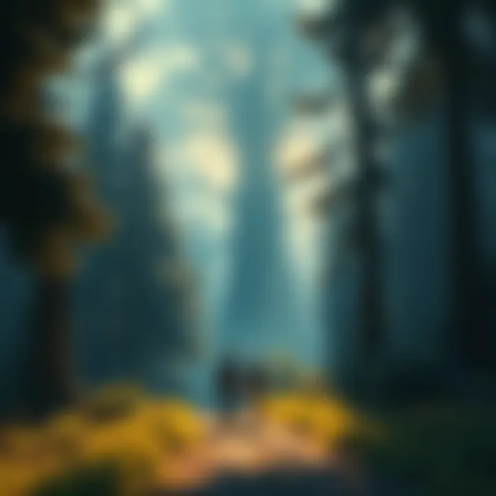 A friend travels through a lush forest, heading towards a tall, glowing tree in the distance.
