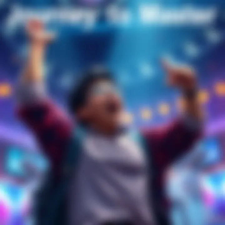 A person celebrating reaching a high rank with excitement, preparing to pursue master rank in a competitive game environment.