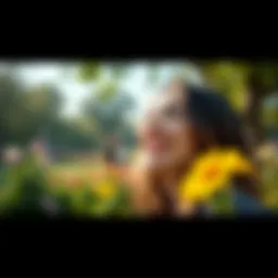 A person smiling while enjoying a sunny day in the park, surrounded by flowers and nature.