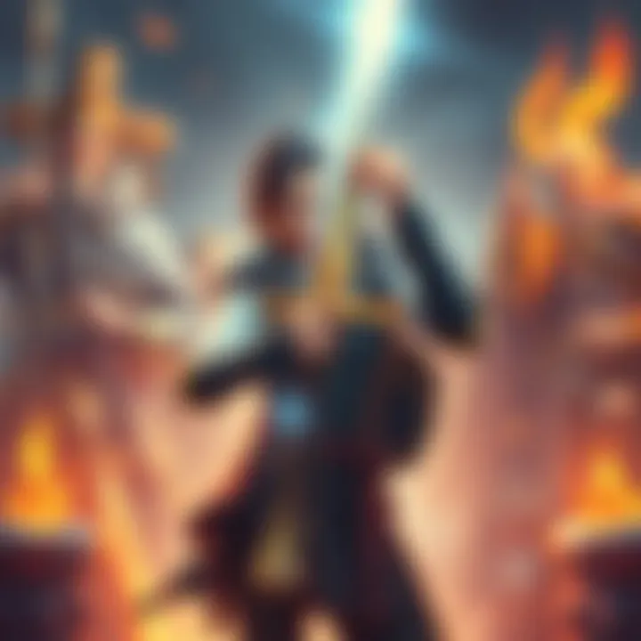 Joy stands confidently holding a legendary sword, surrounded by symbols of historical figures and epic adventure.