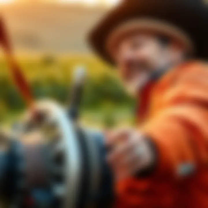 A person smiling while operating a winch outdoors, surrounded by nature.
