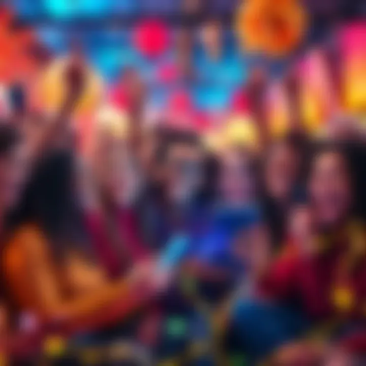 Joyful Celebration in a Digital World A diverse group of people celebrating together with smiles, surrounded by digital devices and colorful decorations, highlighting moments of joy in a challenging digital environment.