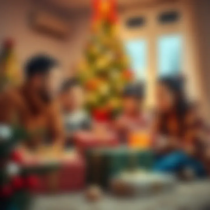 A family gathers around a beautifully decorated Christmas tree, happily opening presents with bright smiles on their faces.