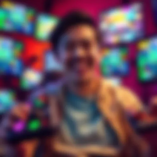 A person joyfully playing video games with a big smile, surrounded by colorful game controllers and screens displaying fun graphics.