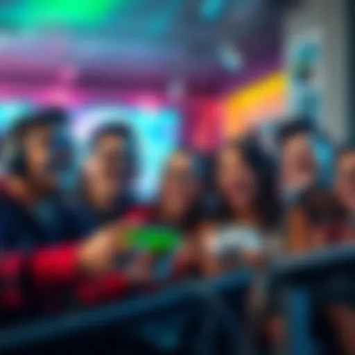 A diverse group of people enjoying video games together, smiling and having fun in a relaxed setting.