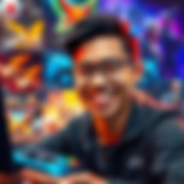 A player smiling while achieving a gaming milestone, surrounded by vibrant graphics from various games.