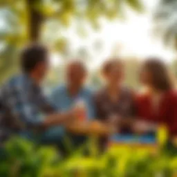 A group of friends enjoying a picnic, smiling and sharing memories together in a sunny park.
