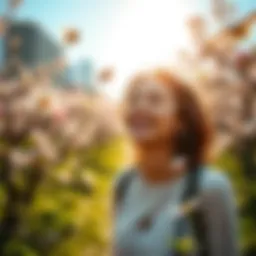 A person smiling while enjoying a sunny day in a park, surrounded by blooming flowers and chirping birds