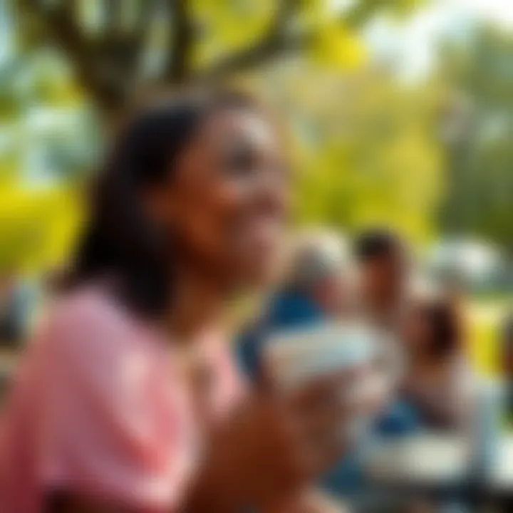 Joyful Moments A person enjoying coffee in a sunny park, smiling with friends around them