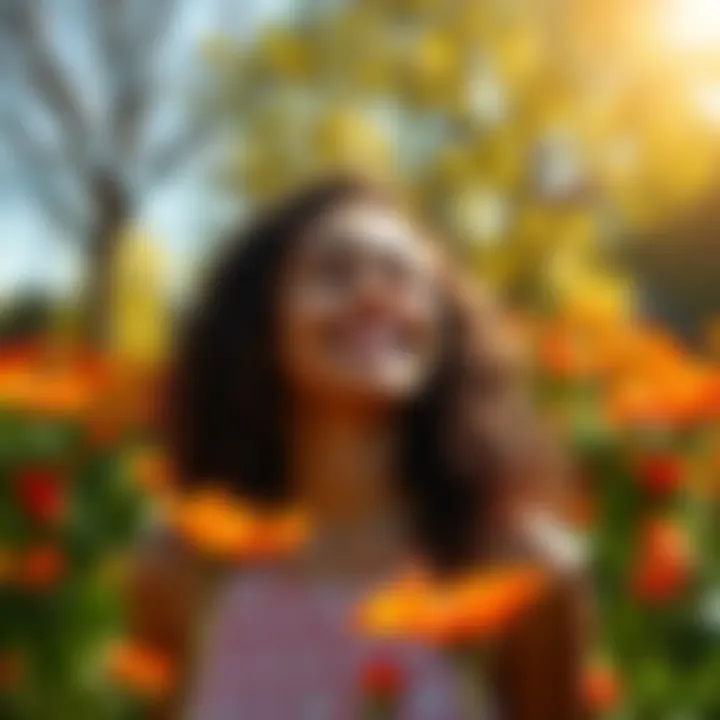 A person smiling while enjoying a sunny day in a park surrounded by flowers.