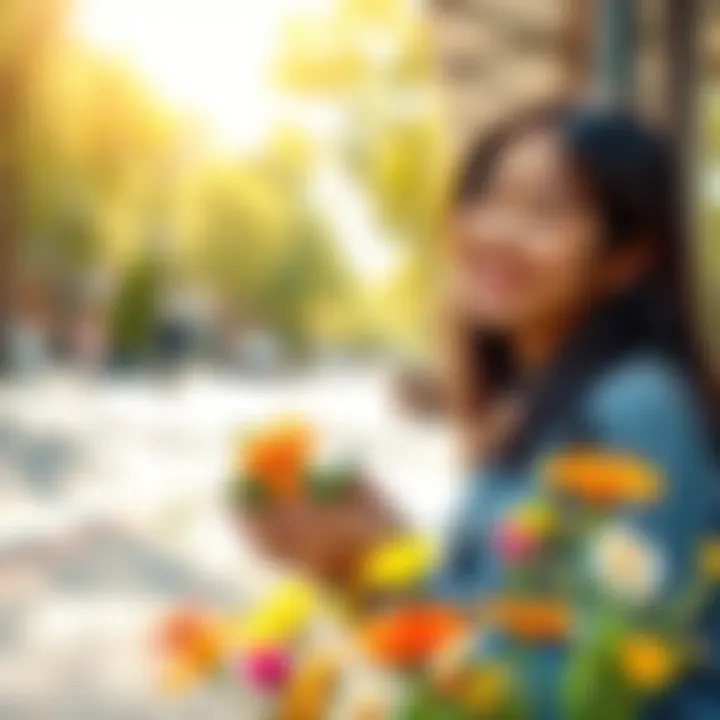 A person smiling while finding a small gift on the street, surrounded by flowers and sunshine