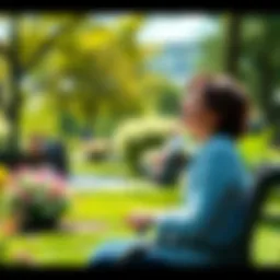 A person sitting on a park bench, smiling while watching birds and flowers, enjoying a sunny day
