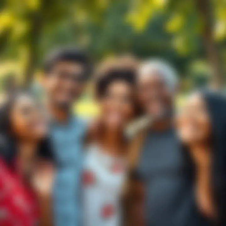 A diverse group of happy individuals sharing smiles in a sunny park setting, showcasing the warmth of connections and joy in the community.