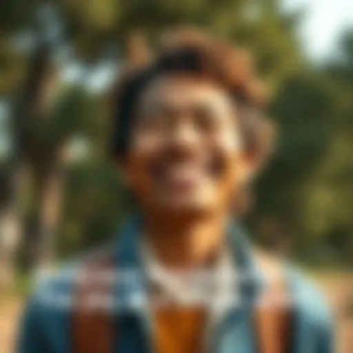 A person with a bright smile radiating happiness outdoors, surrounded by nature.