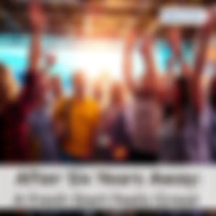 Joyful return celebration A group of happy people celebrating together, symbolizing a fresh start and new beginnings after a long absence.