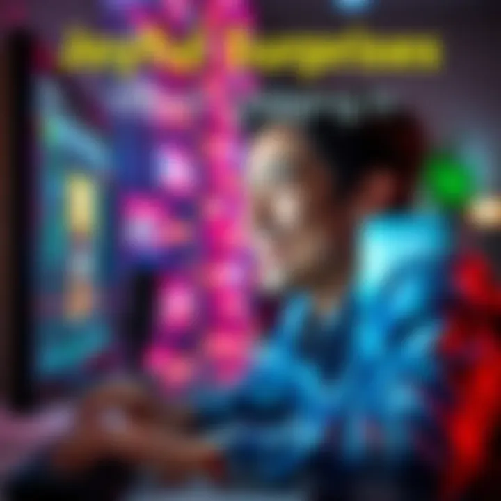A person smiling while looking at a computer screen with colorful notifications popping up, indicating rewards and surprises upon logging in