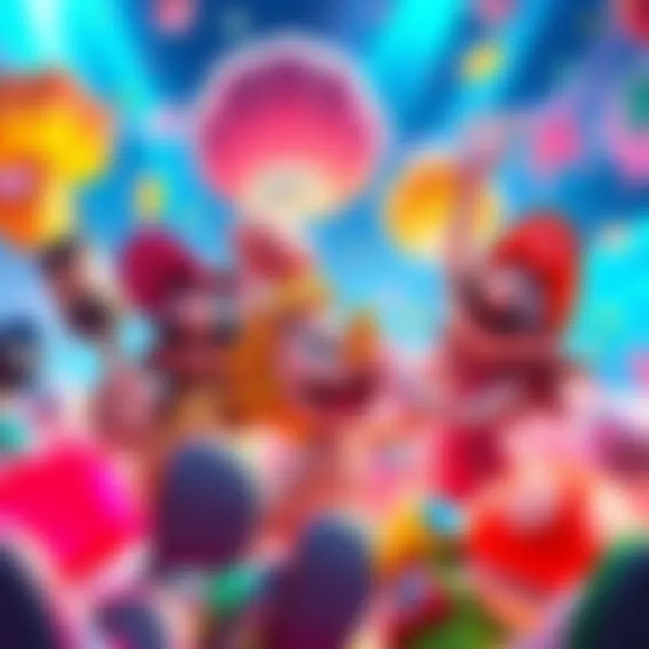 Cheerful game characters celebrating together in a vibrant gaming world