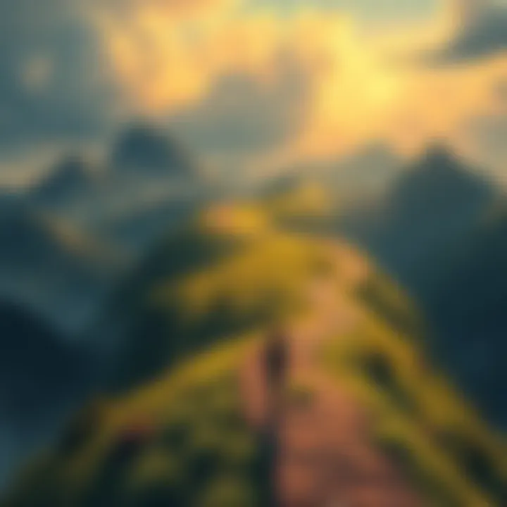 A scenic view depicting the character Joyo on a winding path, surrounded by diverse landscapes that represent key events of the story, reflecting a journey of growth and change.