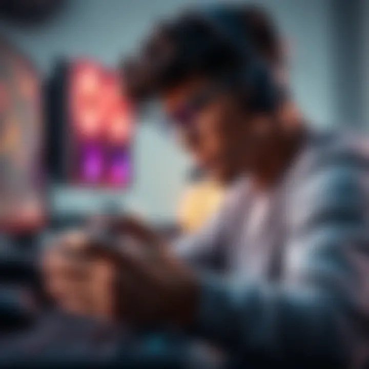 A professional gamer holding a joystick designed for movement, focused on gameplay with a console setup in the background