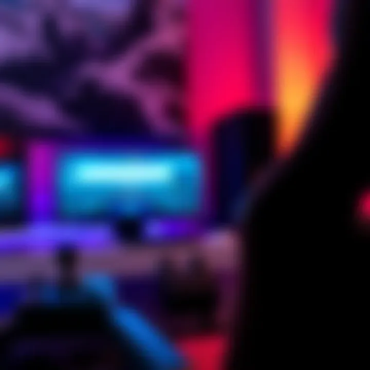 A gaming setup featuring a joystick, PC screen displaying a flight simulator, and a comfortable chair.