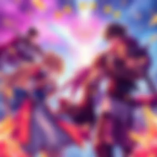 A vibrant scene showcasing JRPG characters engaging in turn-based combat while also connecting romantically, set against a fantasy backdrop.