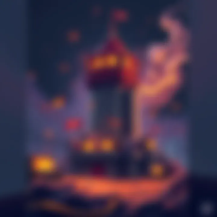 An illustrated tower filled with cyclops monsters guarding treasure chests filled with loot