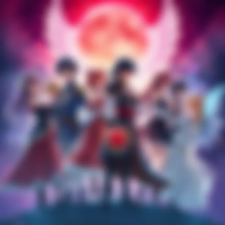 A group of diverse characters from JRPG fantasy games standing together, showcasing various romantic interactions and styles, with a magical background.