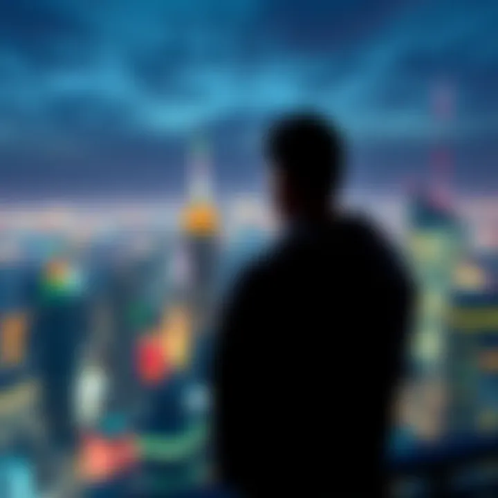 A contemplative figure looking out over a city skyline, symbolizing change in the corporate world