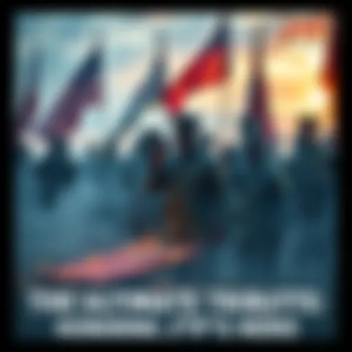 A group of soldiers gathered in a respectful tribute, holding flags and commemorating their fallen hero with solemn expressions.