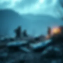 JTF Soldiers Overlooking Abandoned Black Tusk Tech Joint Task Force soldiers inspecting abandoned Black Tusk warhounds and drones at a conflict site.