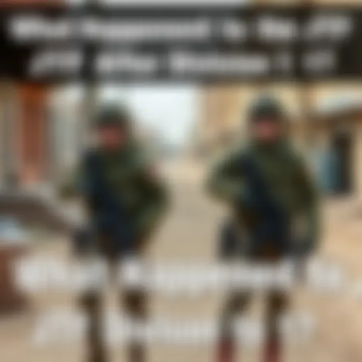 Two Joint Task Force soldiers in green uniforms, standing in a deserted urban area, looking concerned.