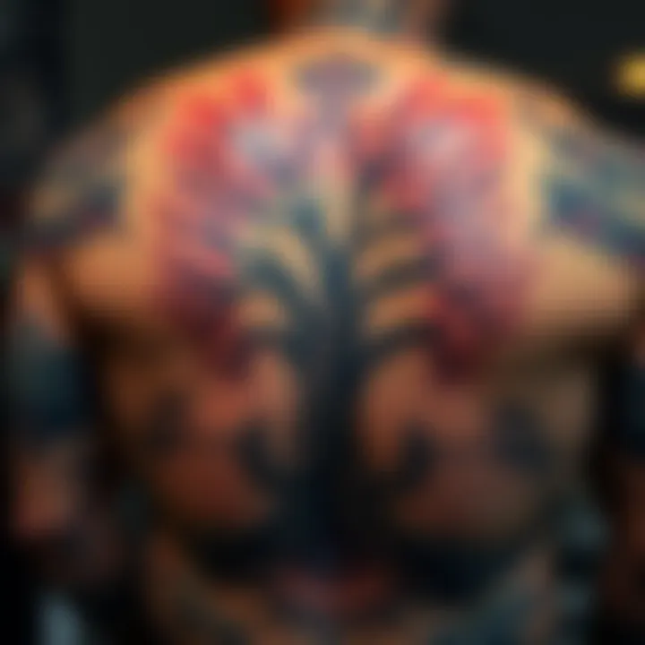 A detailed view of the Juggernaut and Great Genesis Tree tattoo showcasing artistic elements and unfinished details
