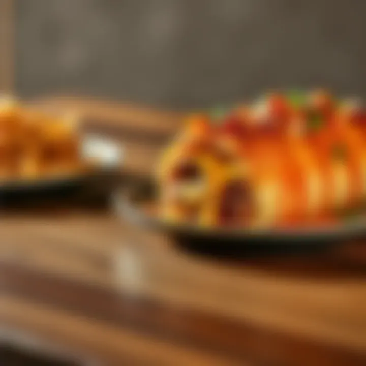 A close-up of a juicy roll with melted cheese and toppings on a wooden table