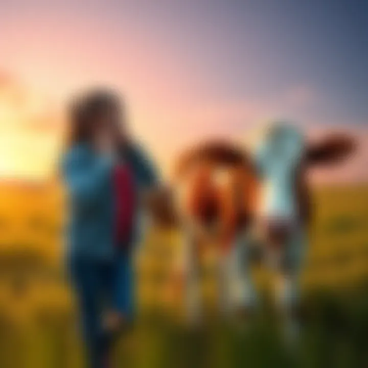 Julia standing surprised near a cow in a field, showing a moment of unexpected interaction.