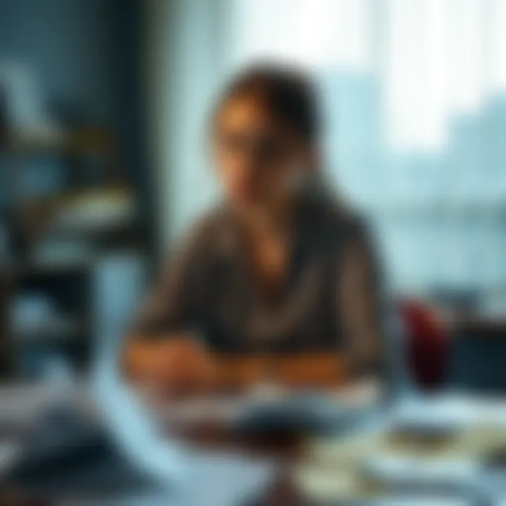 Julia looks thoughtful and regretful, sitting at a table with papers scattered around, symbolizing an honest mistake
