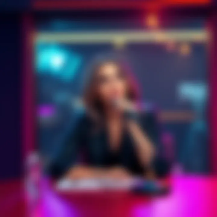 Juliakins seated at a table, speaking confidently into a microphone about abuse claims from her ex-boyfriend Ronnie.