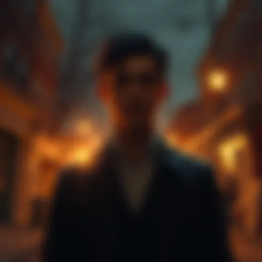 Character Julian stands in a dimly lit street in Greenville, hinting at connections to Jason, with shadows and intrigue in the background.