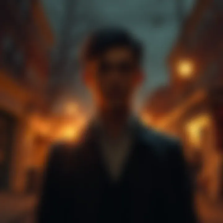 Character Julian stands in a dimly lit street in Greenville, hinting at connections to Jason, with shadows and intrigue in the background.
