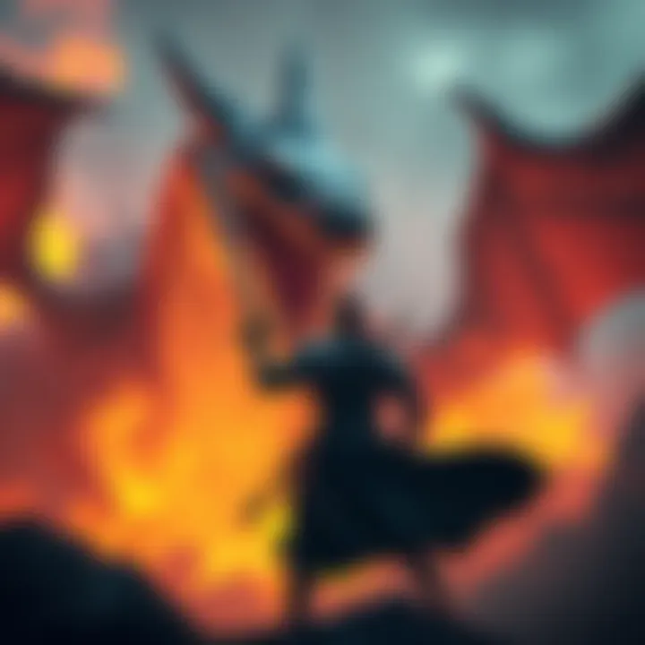 Julius Preparing for Battle Julius stands confidently with his weapon drawn, ready to face the massive serpent Dalamadur against a fiery backdrop.